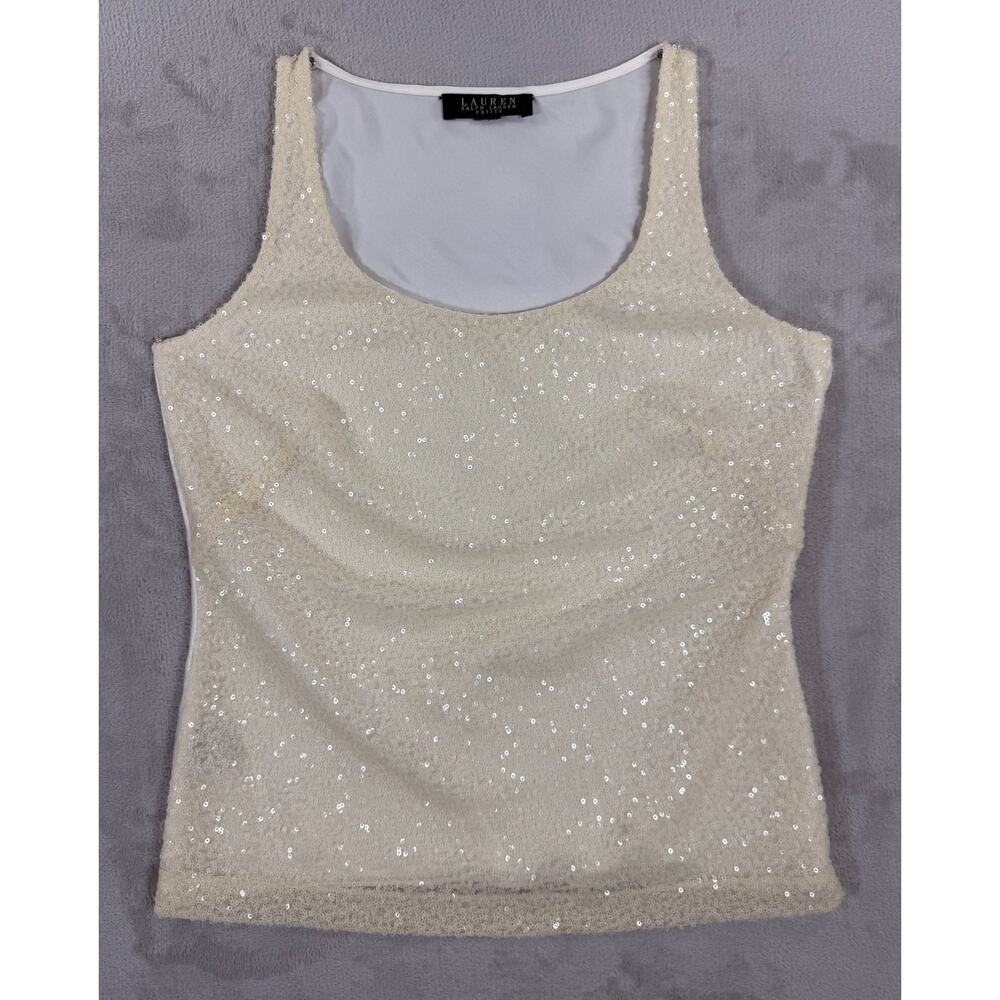 Vintage Lauren Ralph Lauren Petite Ivory Sequin Shell Top Evening Glam Y2K